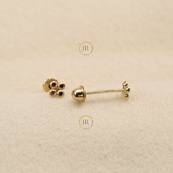 4K Solid Gold Clover Stud Earrings with Multicolor CZ – Fine Jewelry. - Picture 3 of 8